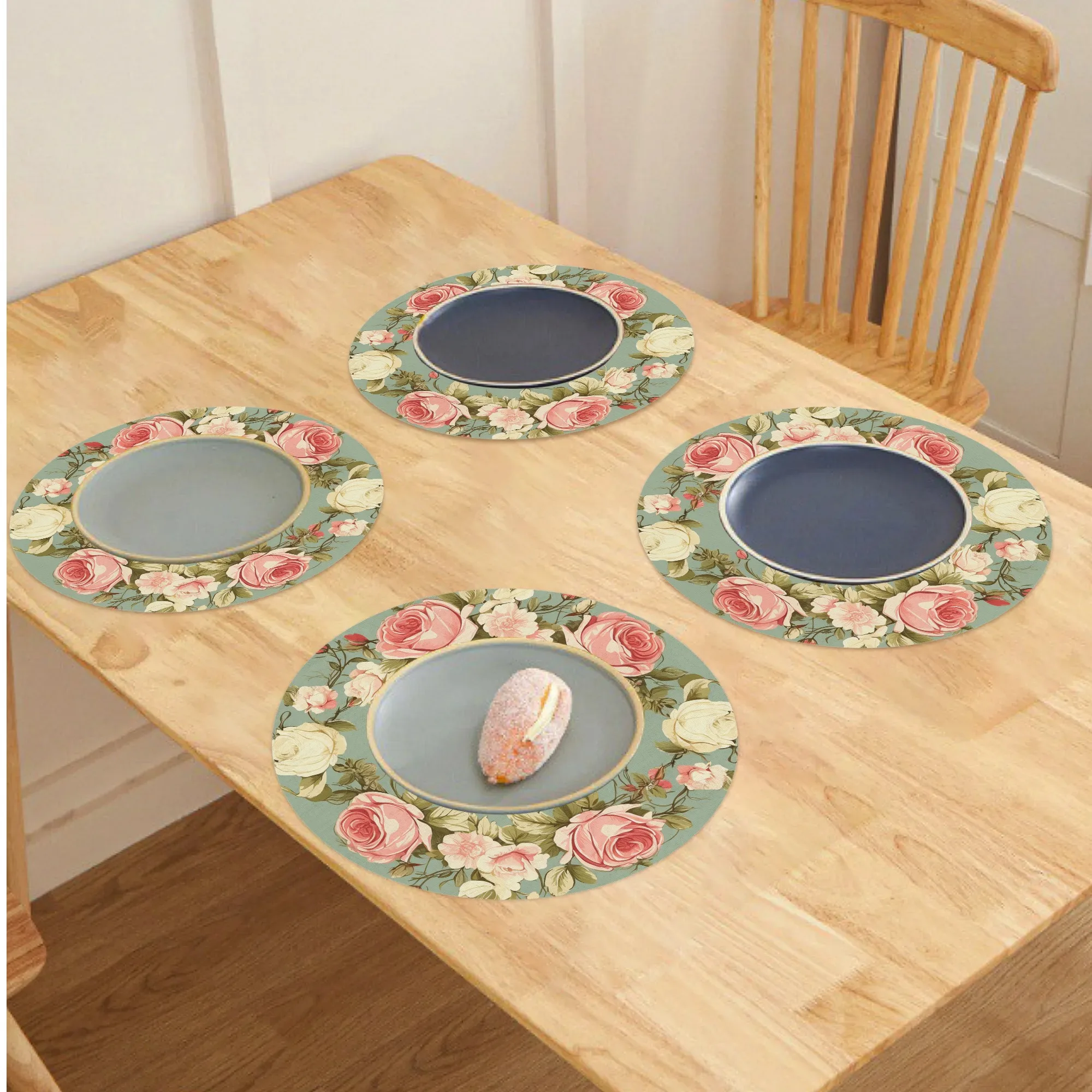 VIKAMA 4/6/8/10PCS Vintage Floral Round Placemats Elegant Dining Room Decor Table Mats Kitchen Coasters Home Decor