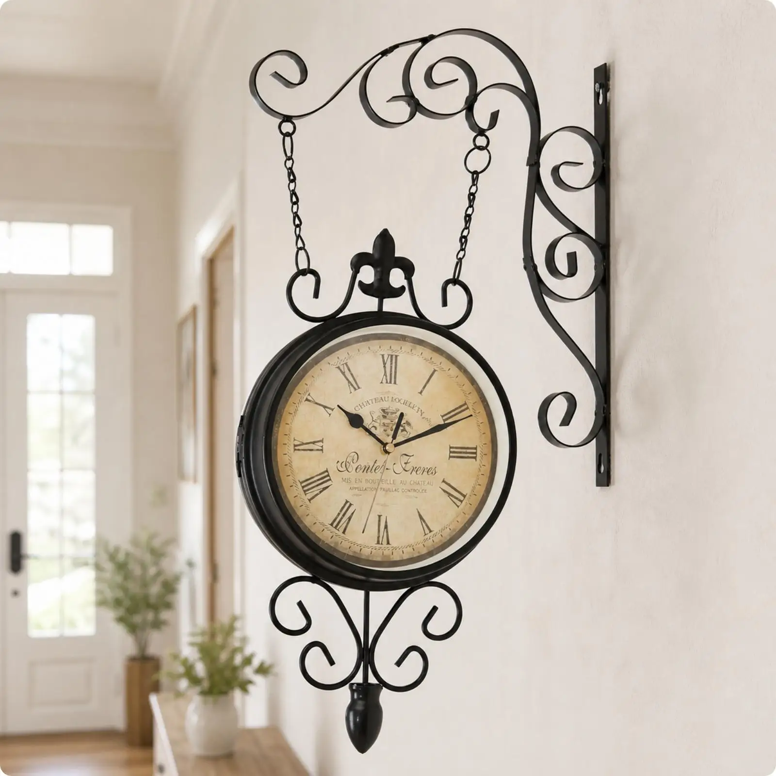double-sided-wall-clock-traditional-hanging-design-vintage-metal-case-for-open-concept-living-space