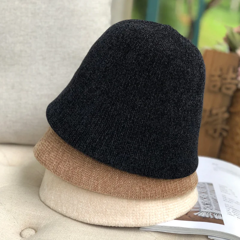 MAXSITI U Black chenille dome Bucket Hat Women's fashion Harajuku fisherman hat autumn winter casual warm versatile basin hat