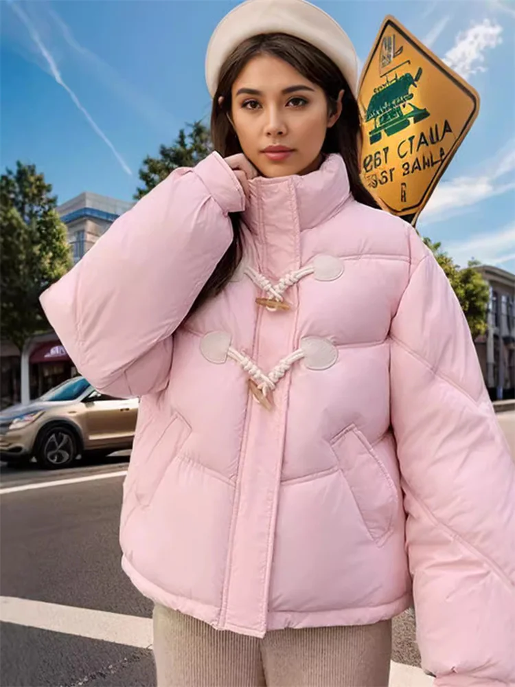 2024 Winter New Women\'s Horn-Buttoned Padded Jacket The Korean Version Is Sweet Lovely Wind Stand Collar Loose Padded Jacket