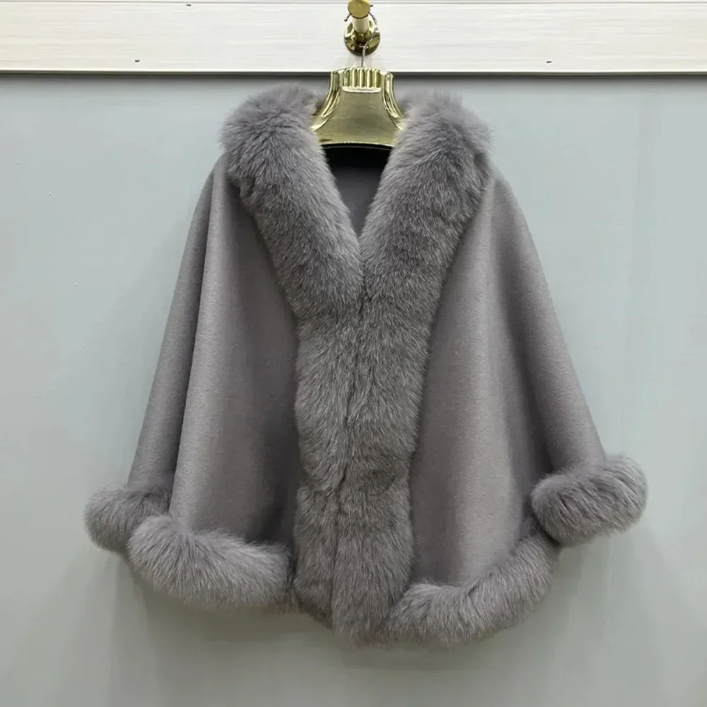 2024 New Autumn Winter Fashion Women Wool Warm Cardigan Shawl Jacket with Real Fox Fur Collar Ponchos Cloak Outwear Female Coats