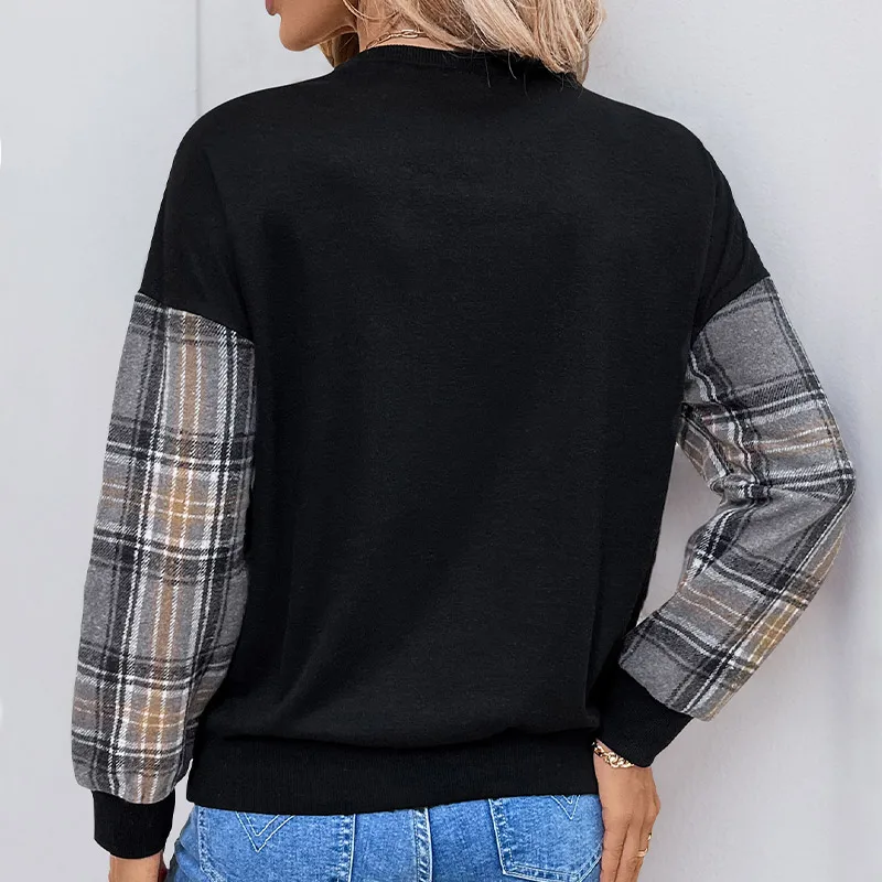 سويت شيرت نسائي أسود منقوش بألواح متباينة - بلوفر كاجوال فضفاض برقبة دائرية وأكمام طويلة مزين بالدانتيل #2