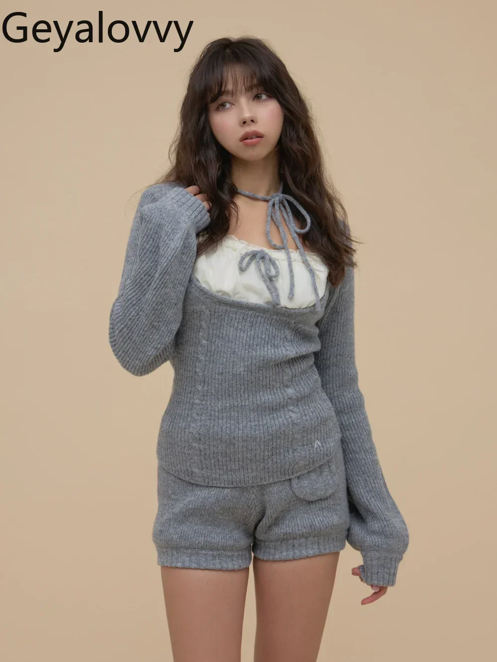 

Japanese Style Autumn Winter New Square Neck Long Sleeve Fake Two-Piece Sweater and High Waist Shorts Knitted Set for Women