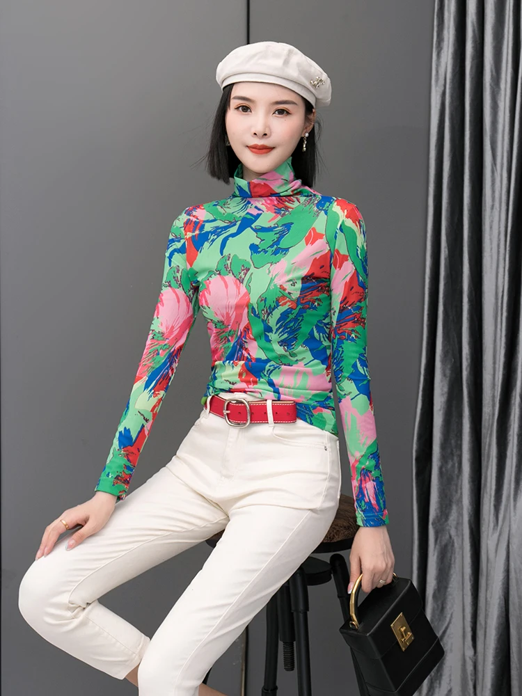 

Ele High Collar Long Sve een T-irt Women's Base irt Slimming Me Top Commute Sle Printed Slim Fit Nylon Spandex