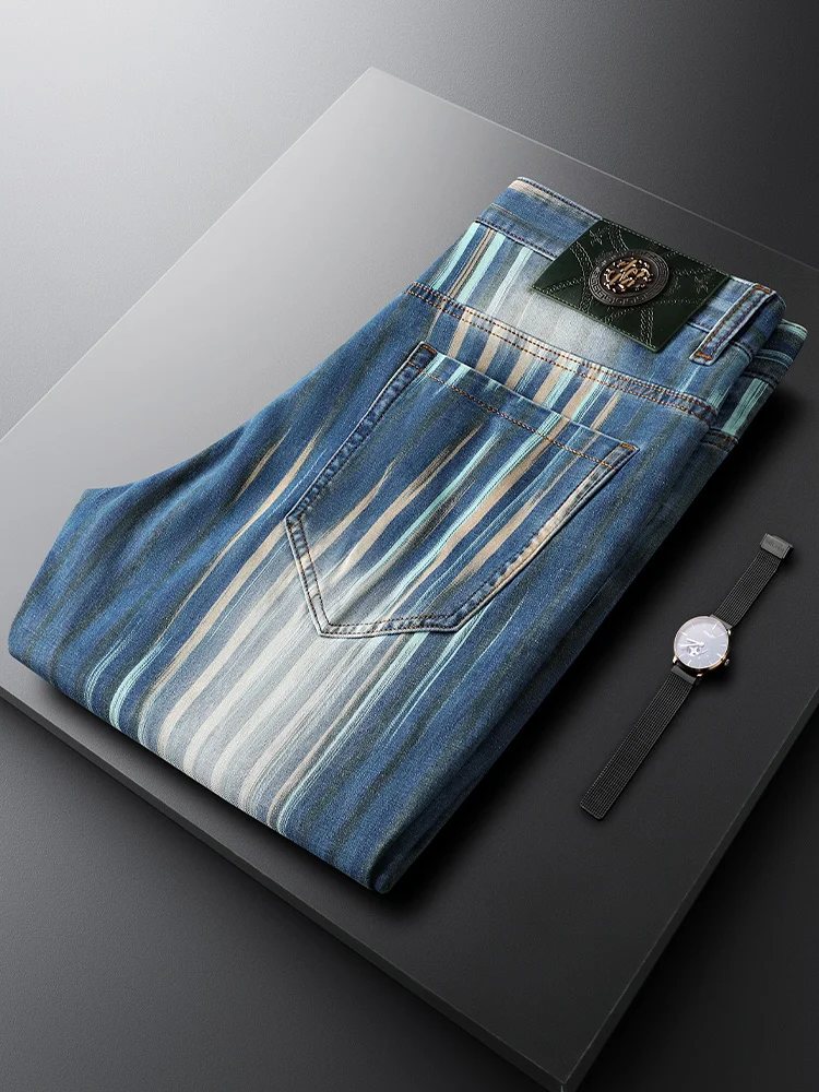 

Light Wa adient Blue Jeans Men's Slim Straight Casual Pants Spring Autumn Elastic Vertical Stripes Polyester Co...