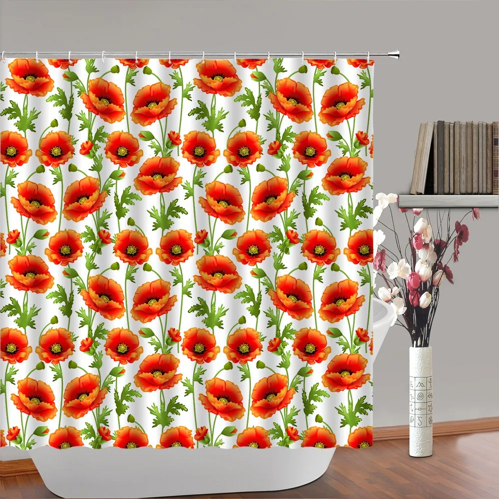 Watercolor Flowers Shower Curtain Bathroom Decor Poppy Floral Plants Leaves Scenery Bath Curtains Polyester Fabric Screen Home