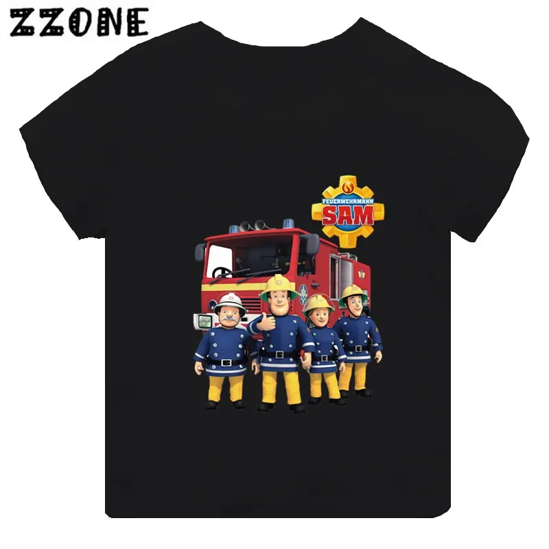 Camiseta con estampado de bombero Sam para niños, ropa divertida para niñas, camiseta de manga corta negra, Tops para niños, gran oferta, TH2450