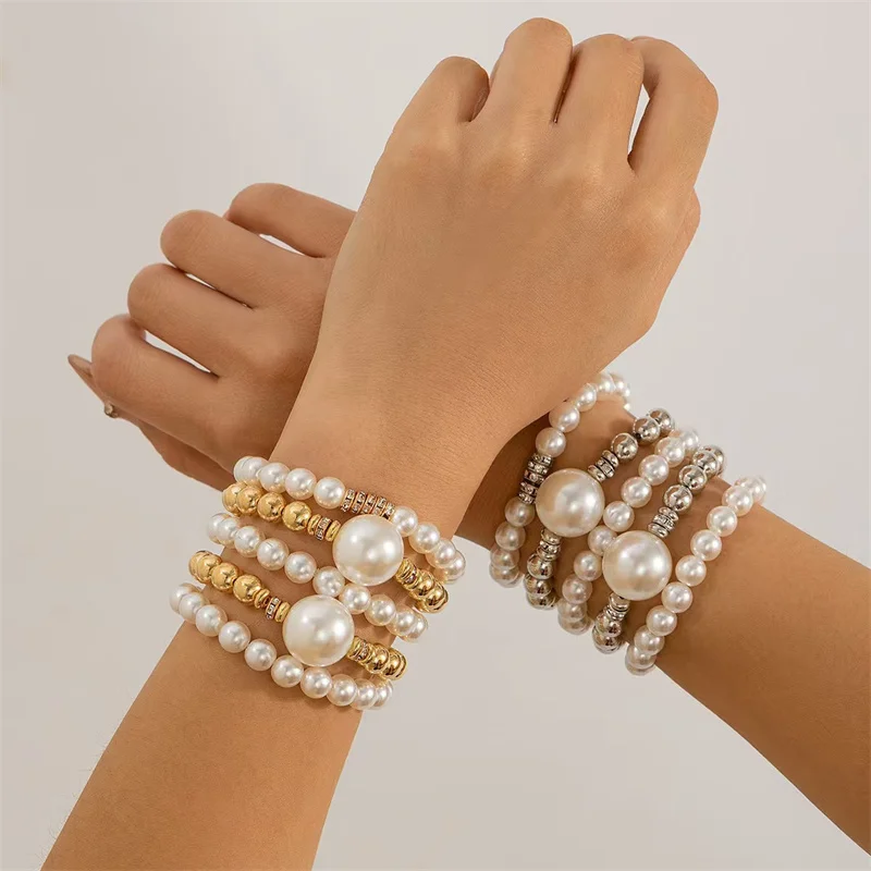 

New Fashionable Simulated Pearl Elastic Bracelet Set With Elegant Women's Style Pearl Chain Jewelry Gift 5 Pcs