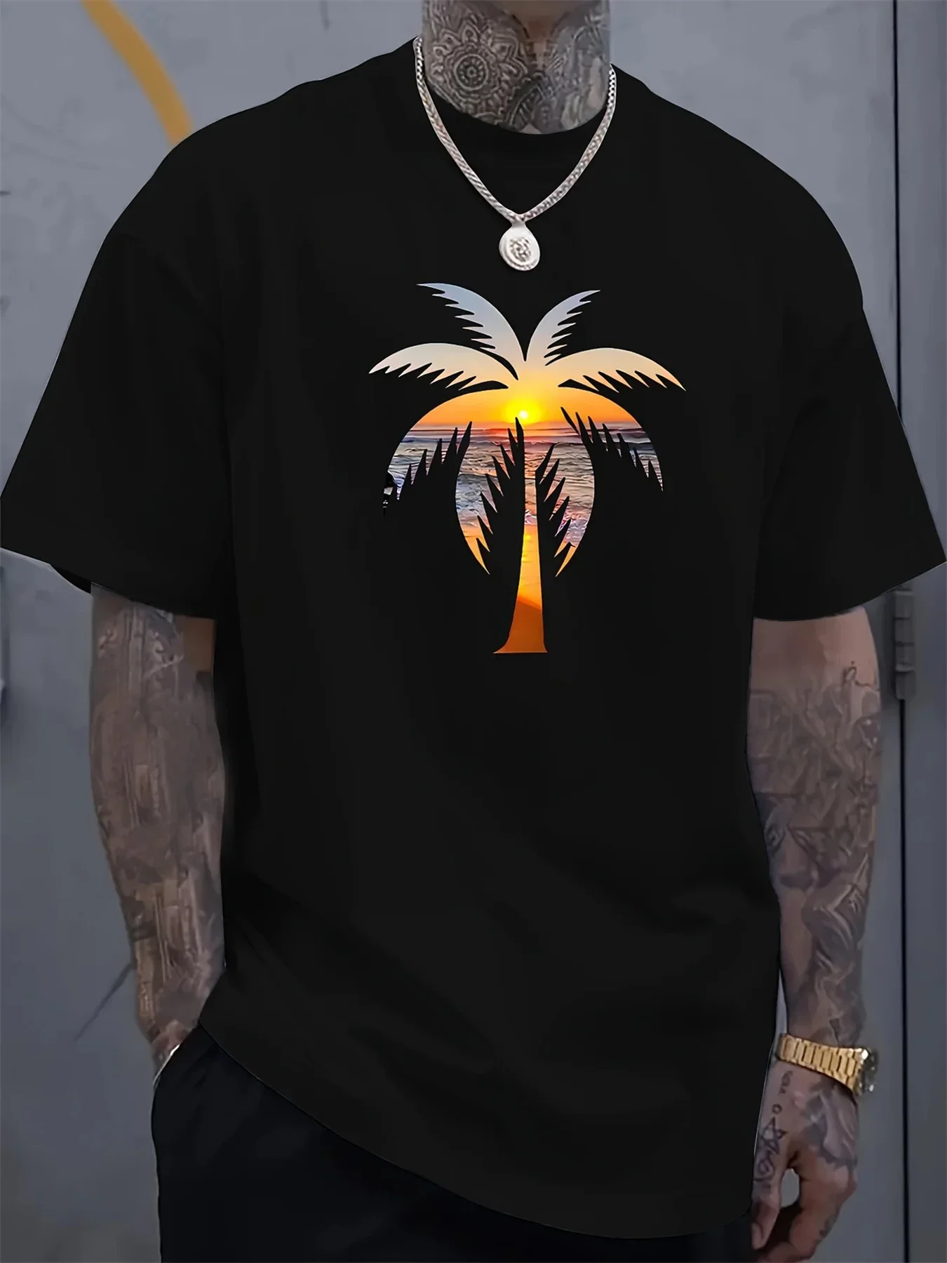 

Big coconut tree print t-shirt men's 2025 summer 100% cotton fashion casual loose breathable round neck short-sleeved top