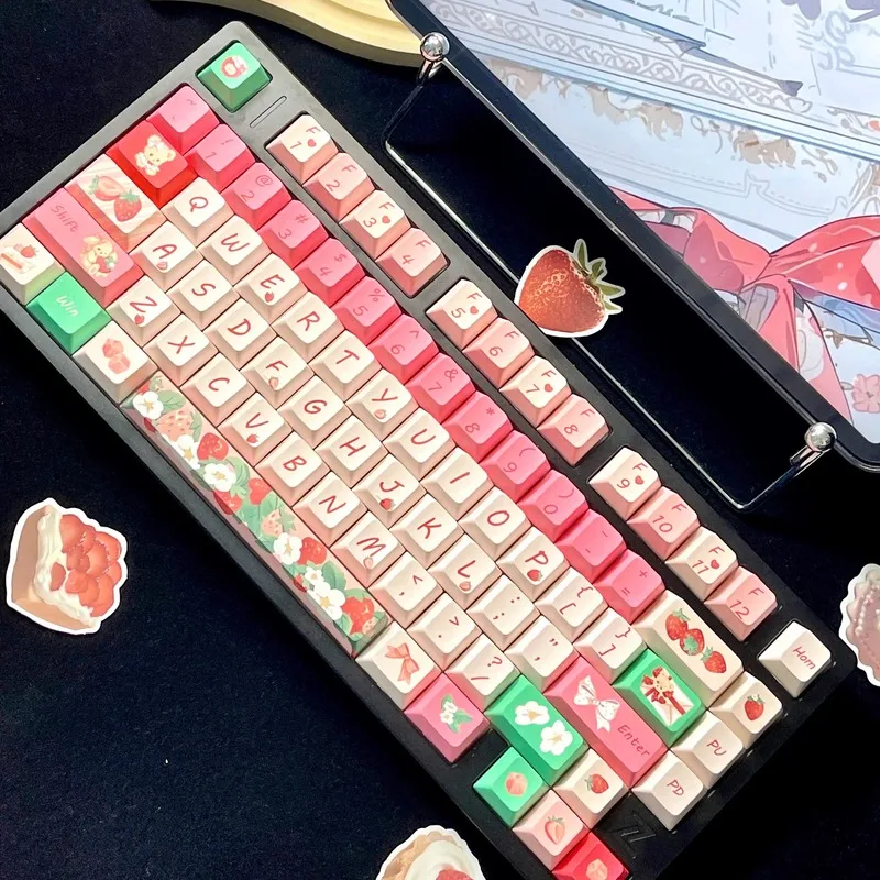 Pink Strawberry Themed Keycaps 139 Keys Soa/Cherry Profile Pbt Thermal Sublimation Mechanical Keyboard Personalized Cute Keycaps