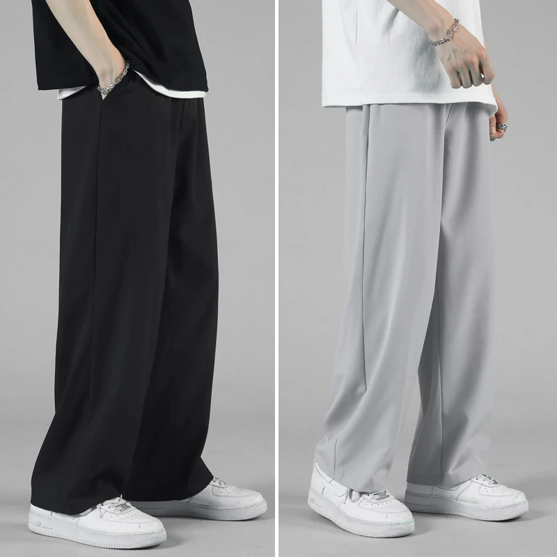 夏用アイスシルクカジュアルパンツ メンズ 薄手 涼感 速乾 モーションストレート ブラック トレンド 多用途 ルーズ