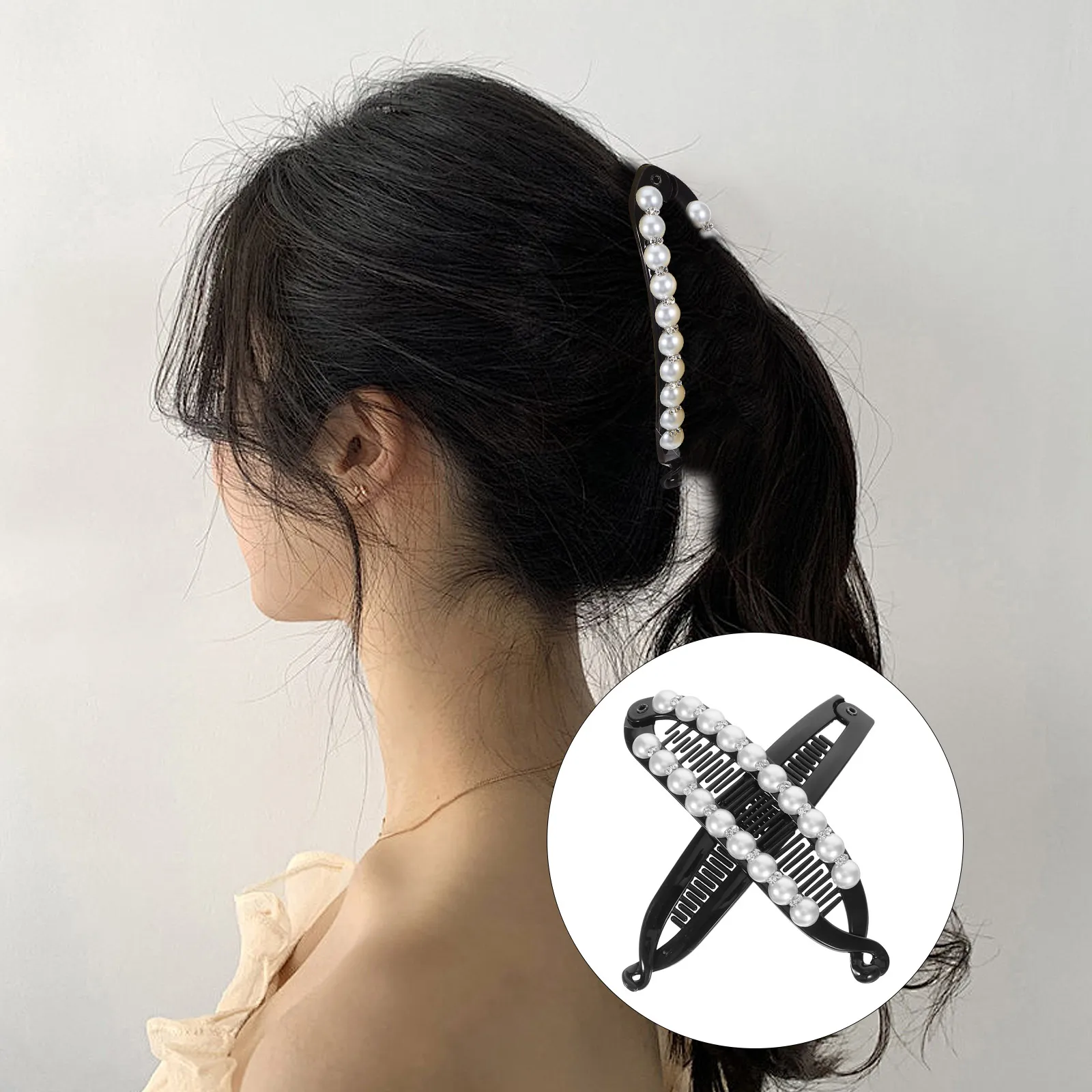 

2pcs Artificial Pearl Banana Clips Combs Secure Hold Bun Holders For Thick Fine Hair Stylish Ergonomic Elegant Design