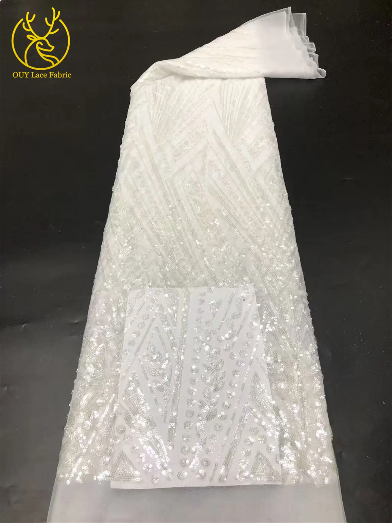 5 Yards Afrikanischer Pailletten-Perlen-Spitzenstoff 2026 Hochwertige, stark nachgefragte französische nigerianische Stickerei für Damen-Hochzeitskleider zum Nähen – Detail 9