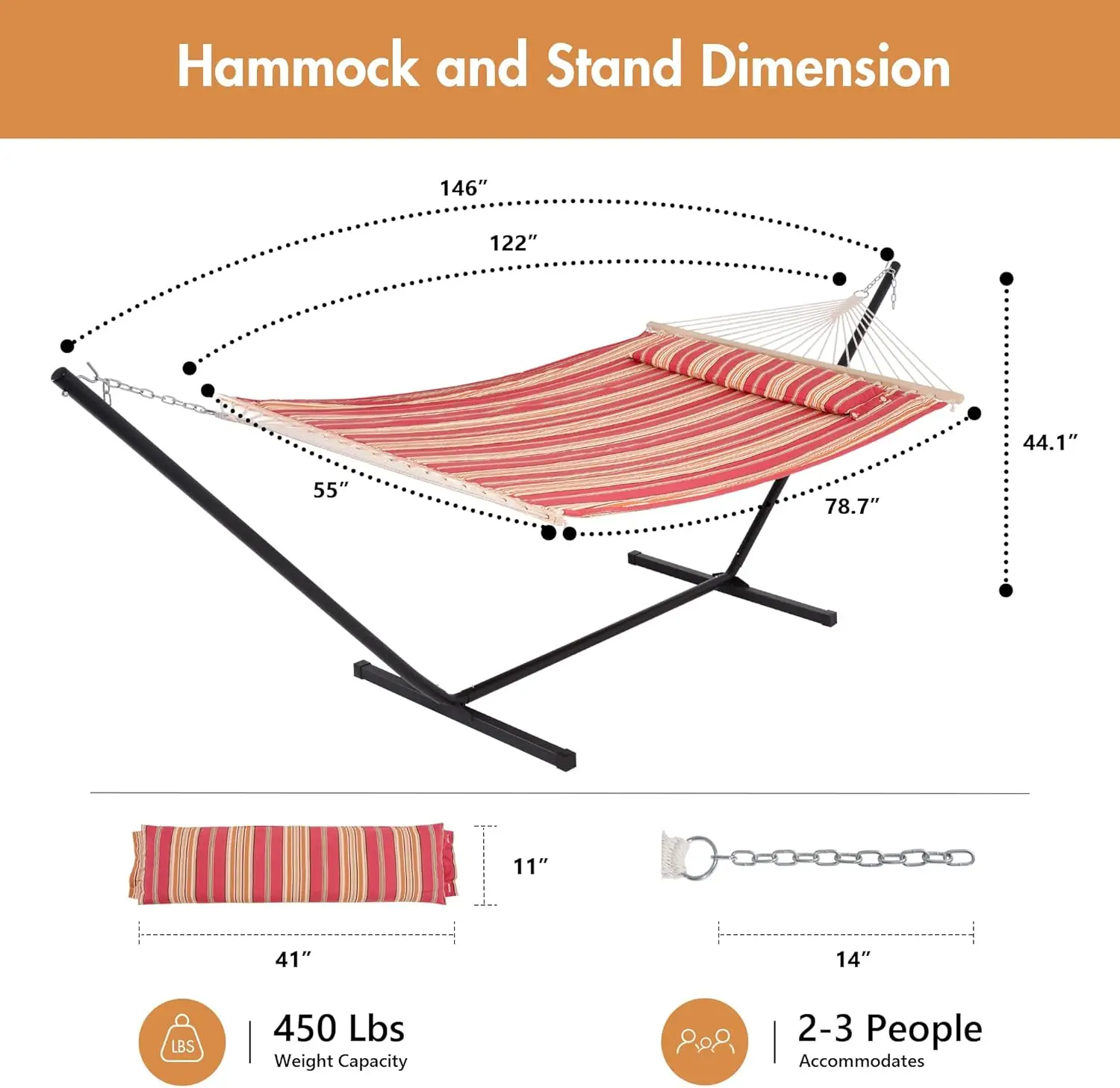 Heavy Duty Outdoor Hammock com suporte incluído, listras vermelhas, 12ft, 450 lbs Peso Capacidade