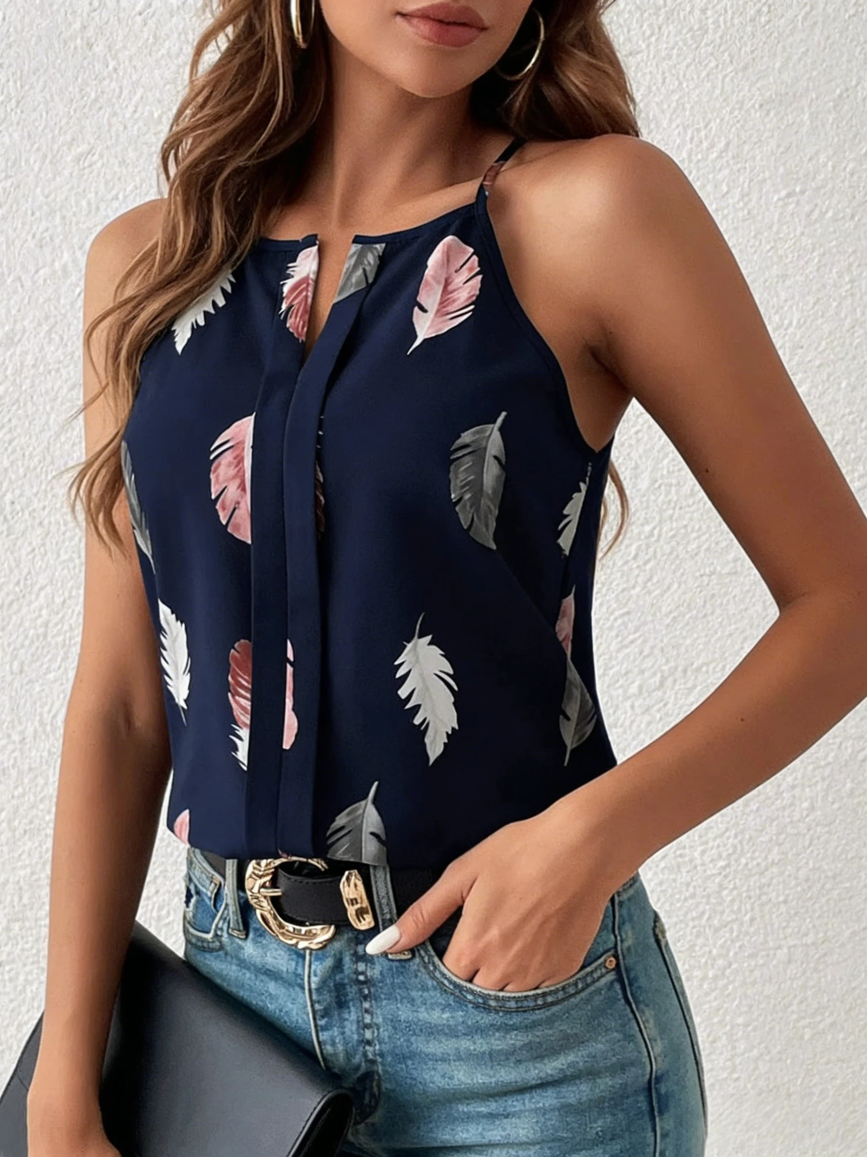 Women's Tank Top Spring Summer Navy Blue Feather Print Spaghetti Strap Notched Neck Loose Casual Daily Vacation Top
