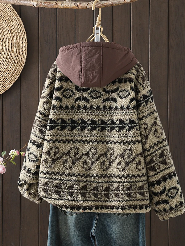 Retro American Spliced Hooded Lamb Fur Jaet Women's Autumn Winter New Sle Lazy Lamb Velvet Cotton Coat Long Sve Zipper