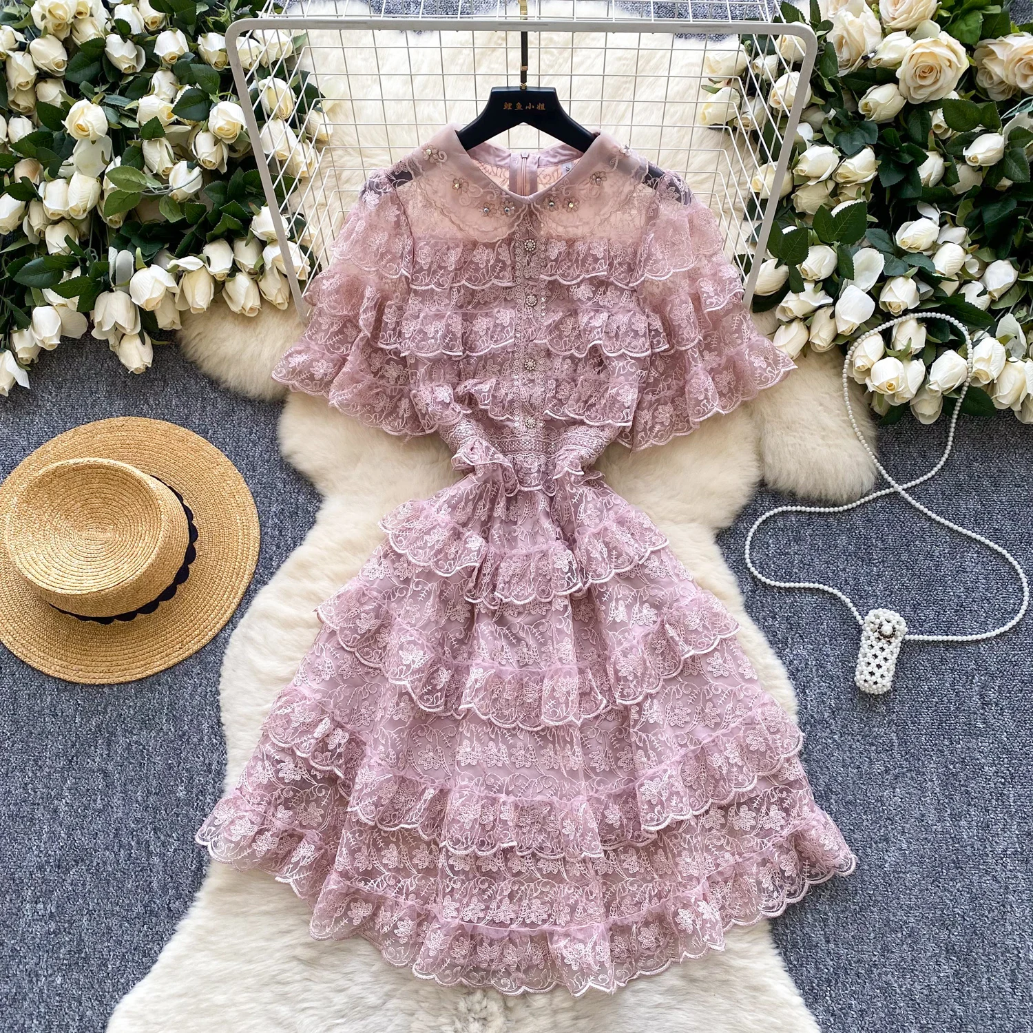 Nuevo verano Rosa encaje bordado Chic Mini vestido femenino de manga corta de cintura alta volantes elegante pasarela Vestidos en cascada 2025