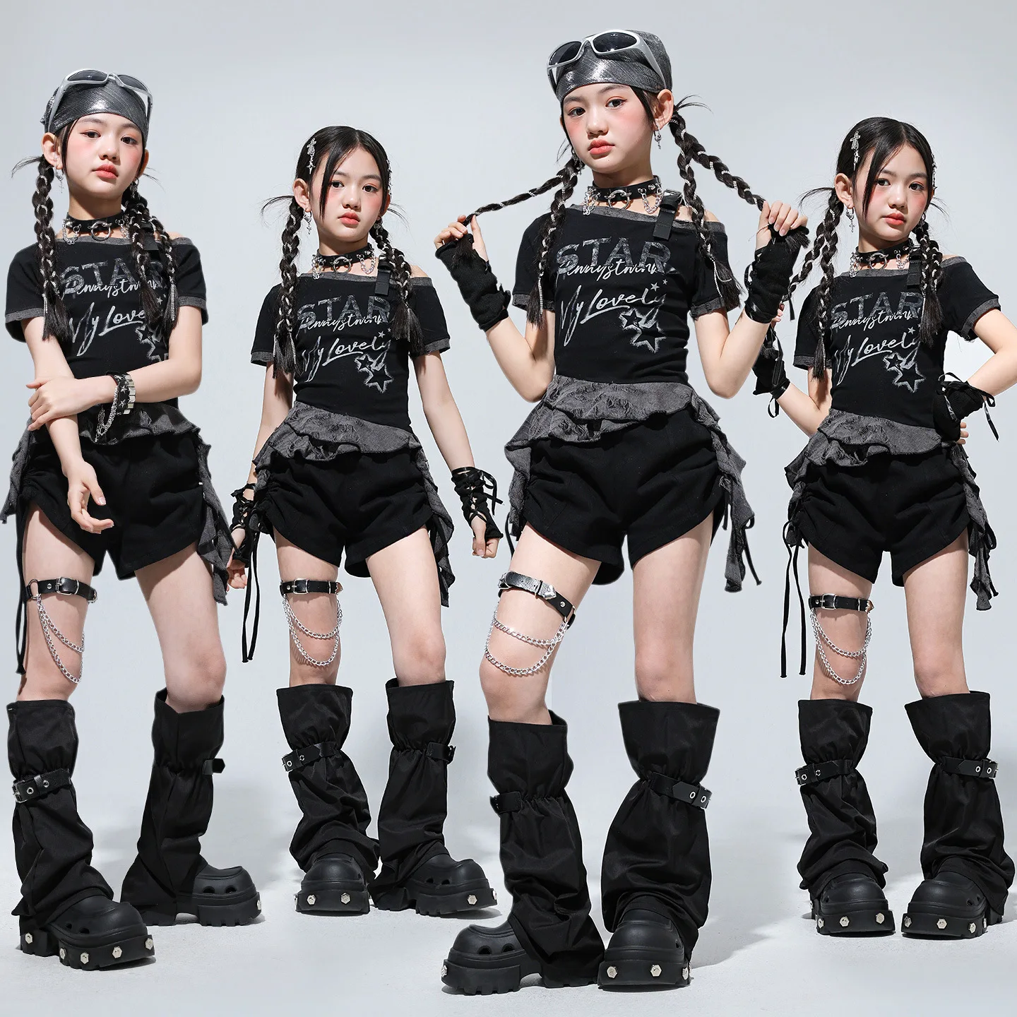 Girls Hip‑Hop Jazz Dance Outfit Black‑Grey Ribbon Top+ Black Drawstring Shorts Kids Street Dance Stage Performance Costume Set