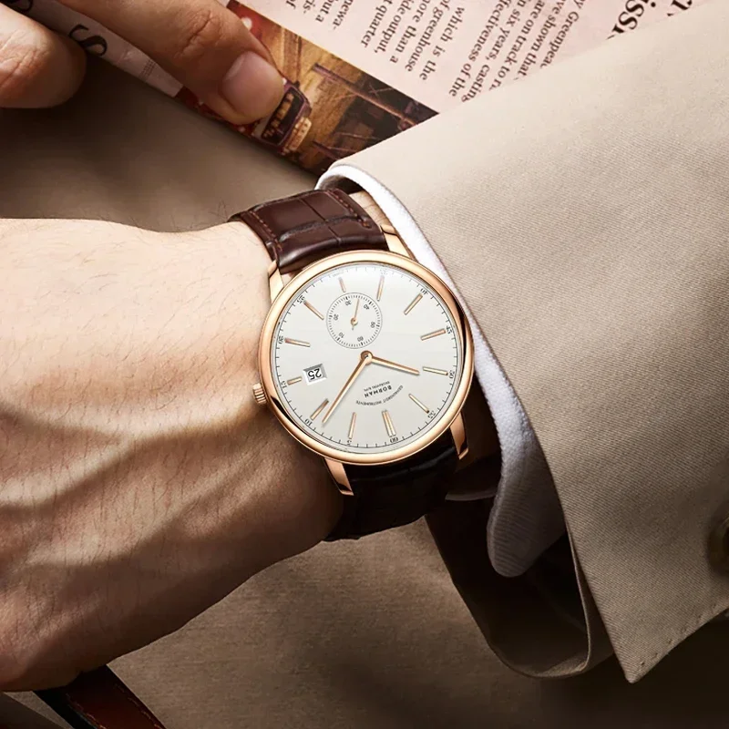 BORMAN 高級メンズ自動機械式時計ローズゴールドケースサブダイヤルスポーツ腕時計本革高品質紳士時計