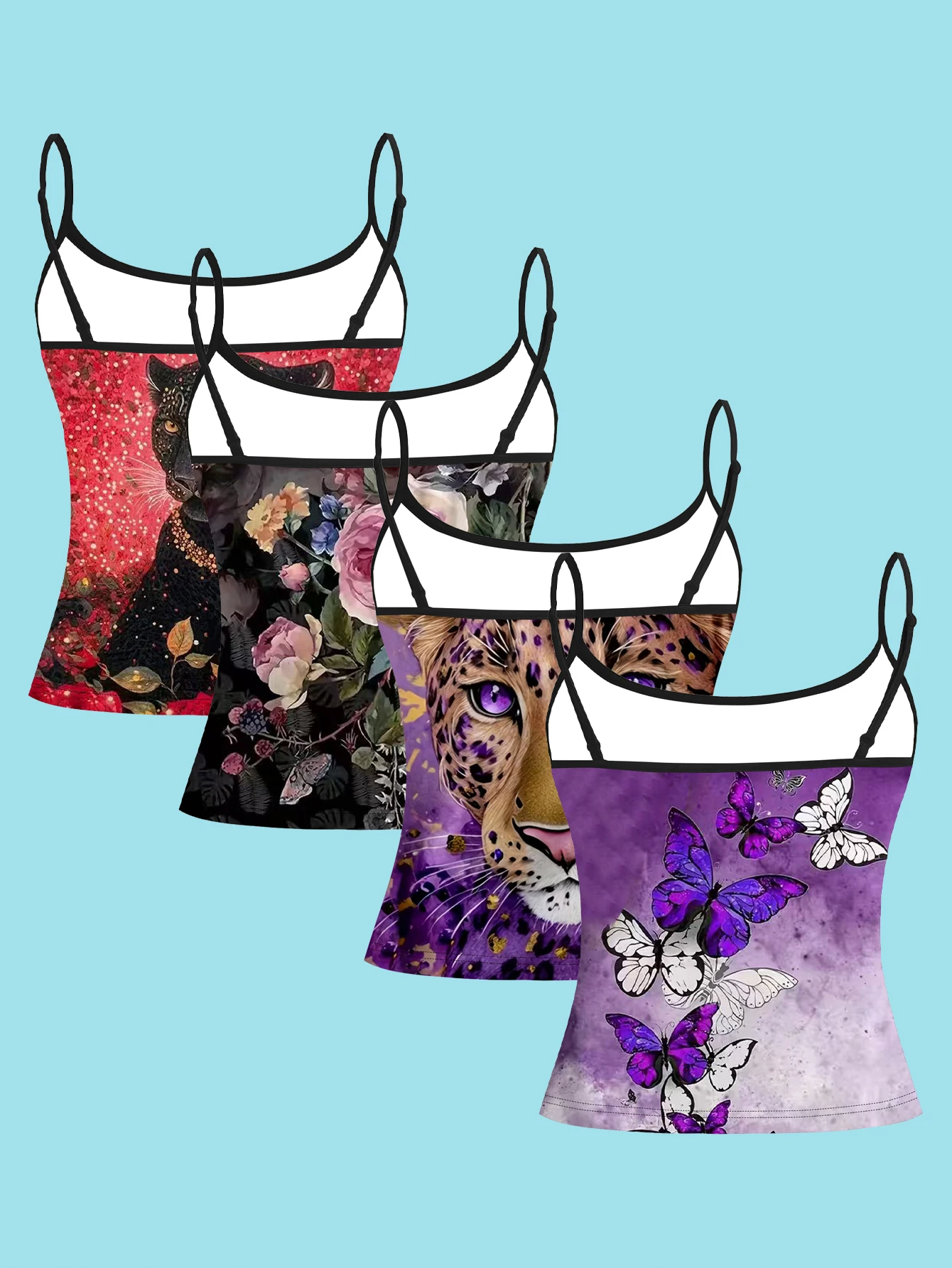 Women's 4-Piece Set of Printed Camisoles: Red Floral Black Leopard, Vintage Rose Pattern, Purple-Eyed Leopard Portrait, Purple Watercolor Butterfly Pattern, Slim-Fit Sleeveless Tops for Outerwear or Layering