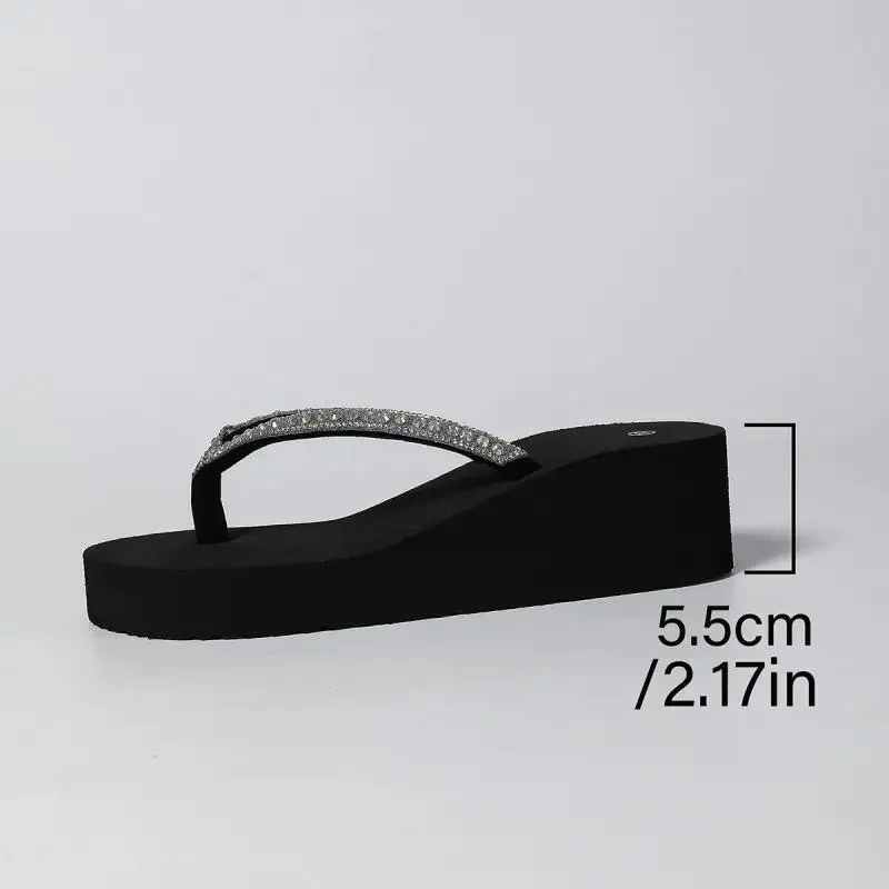 Schwarze Kristall-Keilabsatz-Flip-Flops für Damen, Sommer 2026, leichte Plateau-EVA-Slipper, Übergrößen, Strand-Zehenstegsandalen – Detail 2