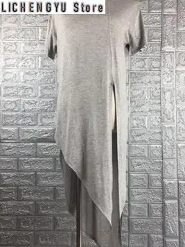 Women White Solid Color Asymmetrical Vent Long T-shirt New Round Neck Short Sleeve  Fashion Tide  Spring Summer