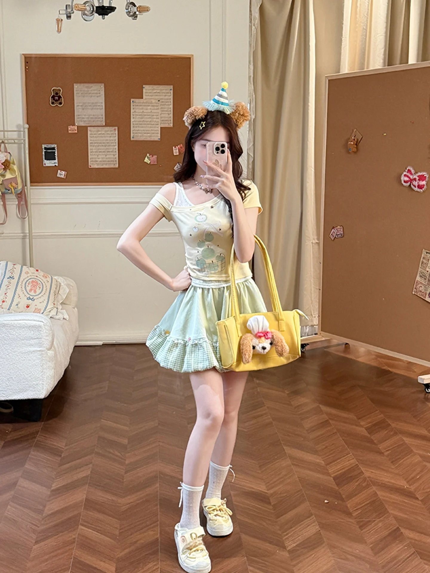 Sweet Style Shoulder Bared T Shirt Short Sleeve Patchwork Slant Collar Summer  Women's Clothing  Melon Fruit Pattern
