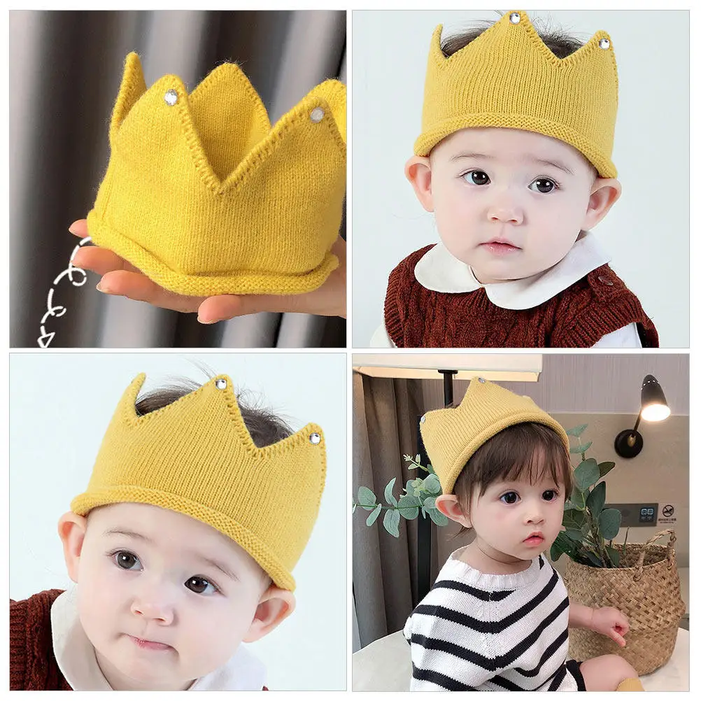 

Вязаная шапка-корона для малышей, зимняя теплая шапка-бини с короной, желтая, удобная, мягкая, на день рождения, очаровательная теплая шапка для малышей