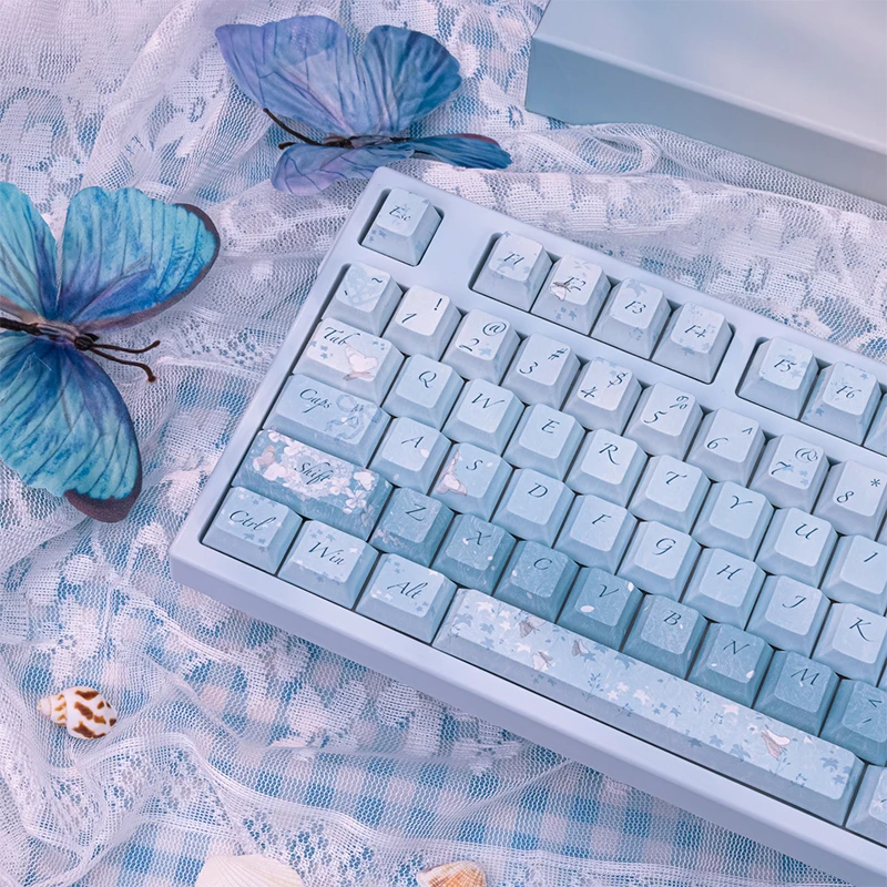 130 Key Blue Butterfly Cherry Profile Keyboard Keycap Five Sides Dye Sublimation PBT Keycaps for MX Switches Mechanical Keyboard