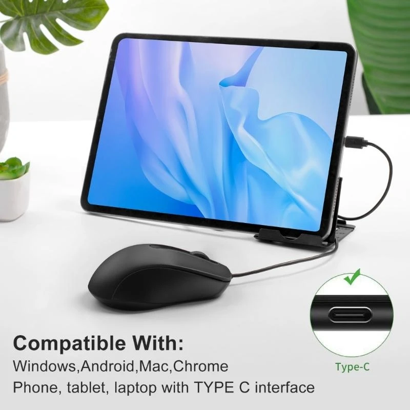 Type-C Wired Mouse Silent Portable Tablet Notebook Office Optical Mouse Ergonomic Design For PC Android IOS