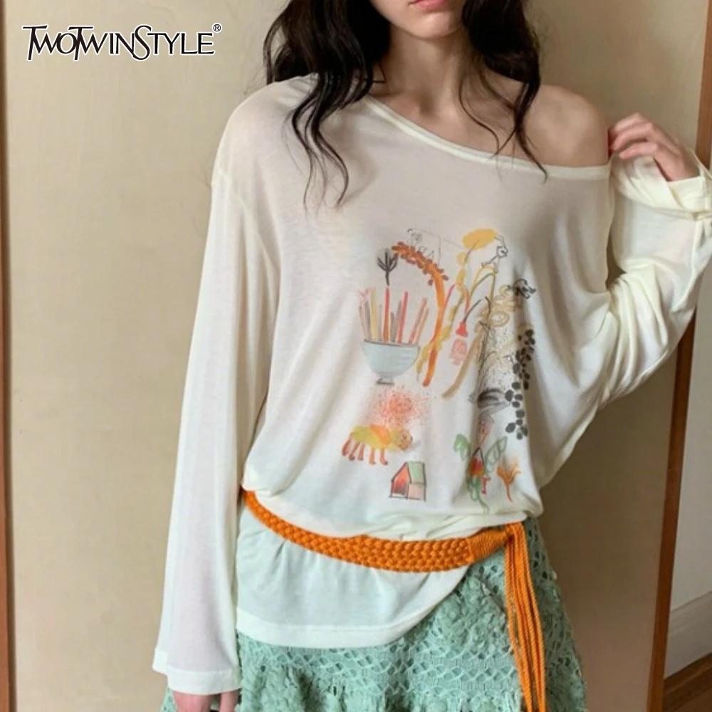 

TWOTWINSTYLE White Spliced Print Dress Female Diagonal Collar Long Sleeve Loose Basics Women's Dresses Summer Style Fashion New