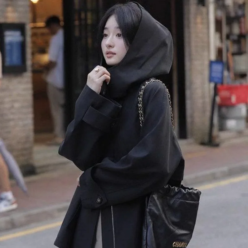 [Pocket Elements Fashion Match] British Wind Trench Coat Female Spring Casual Small Design Sense Loose Cape Hooded Trench Coat