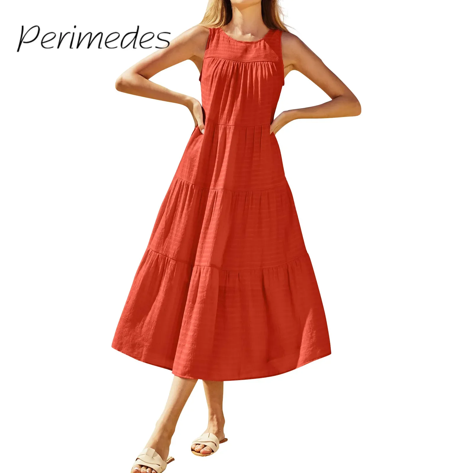 

Women'S Summer Midi Dress Sleeveless Round Neck Beach Style Bohe Style Casual Loose Long Flowy Layered Sundress With Pockets