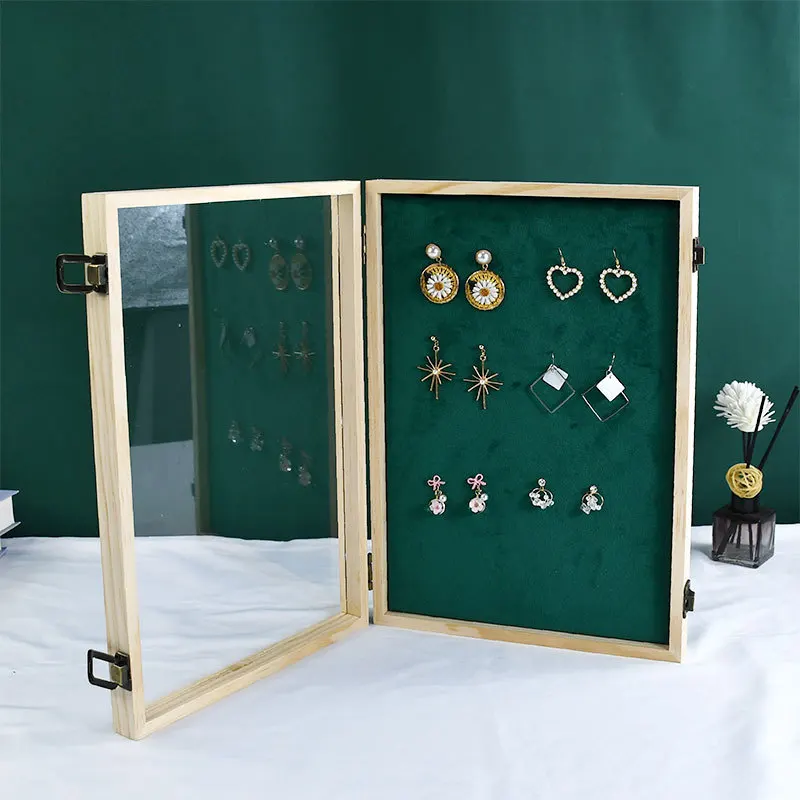 Großer samt grüner Koffer mit Glas deckel Schmuck ring Display Box Tablett halter Aufbewahrung sbox Organizer Ohrringe Ring Armband