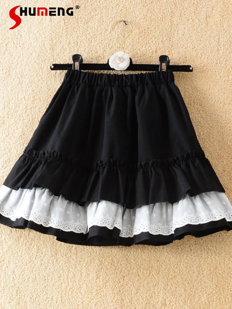 

Japanese Sweet Preppy Style Lolita Girl Lace Stitching Ruffled A-Line Ball Gown Cake Mini Skirt Women Summer 2024