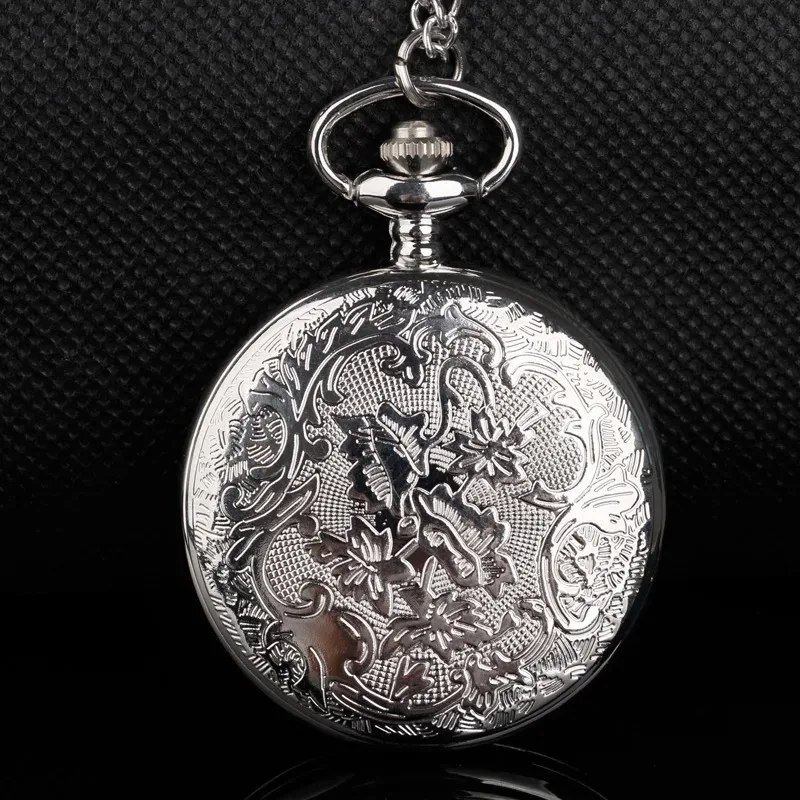 Hollow Luxury Silver Round Dial Quartz Pocket Watches Pendant Necklace Chain Gift Steampunk Hollow for Men Women