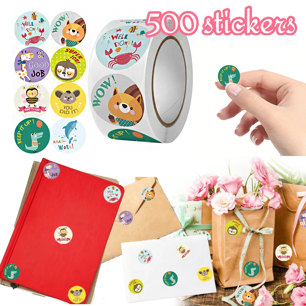 500PC/Roll Animal Reward Encouraging Stickers Cute Round Sealing Paster Class Reward Teacher Supplies Photocard Decor Lables