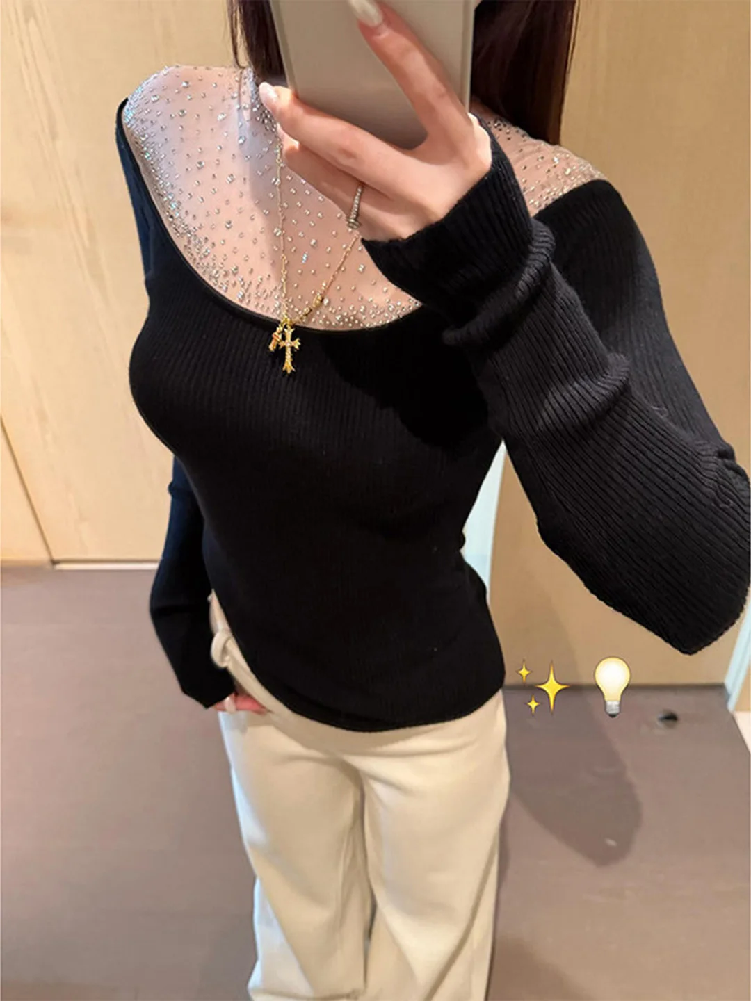 

American Style Splice Knitted Top with Sequins V-Neck Black Mesh Women's Slim Fit Autumn Winter Fashion Casual Pure Color