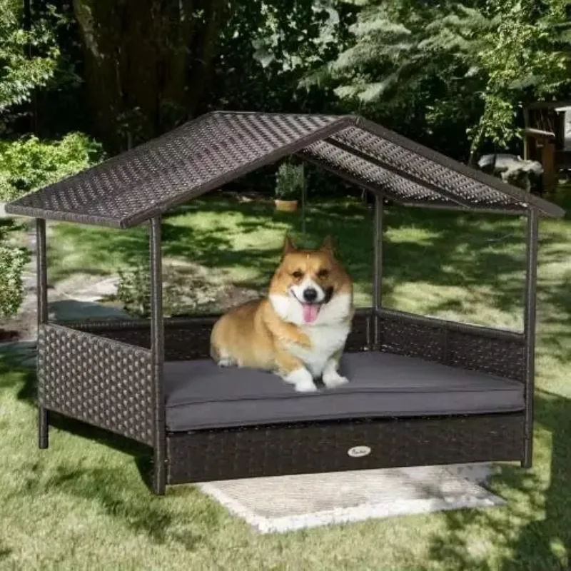 Human Dog Bed with Canopy, Comfortable Cave Dog Bed with Elevated Bottom, Durable PE Rattan Outdoor and Indoor Pet Shelter
