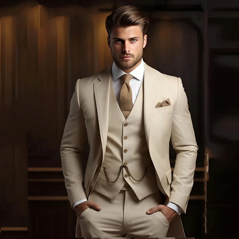 Formalne garnitury męskie dla pana młodego 3-częściowy smoking ślubny dla pana młodego w kolorze khaki Slim Fit 2025 Męski garnitur modowy z kamizelką ze spodniami