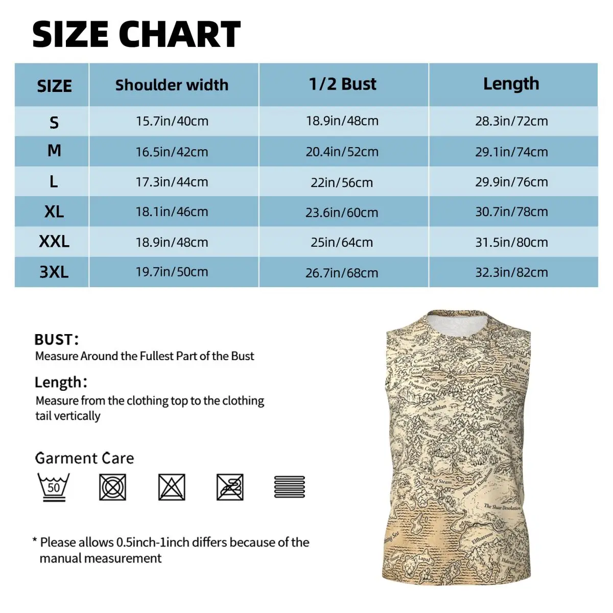 Annotated Map Of Faerun Men Printed Sleeveless T-shirt Casual Hip Hop Street Style Beach Holiday Tank Tops