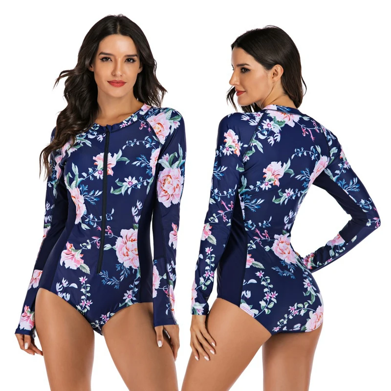 Lady One Piece Swimsuit Print long Sleeve Women zipper Rash Guard Swimwear Bathing Suit female Surfing Swimming Suit