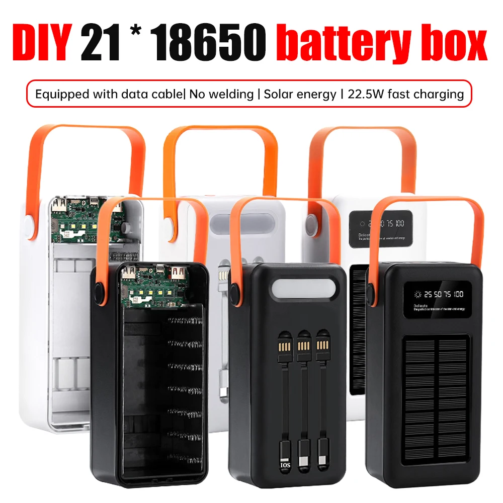 21*18650 Battery Storage Box 10W 22.5W Fast Charging Solar Power Bank Case 18650 Holder 4*USB Micro Type-C Solar Charging