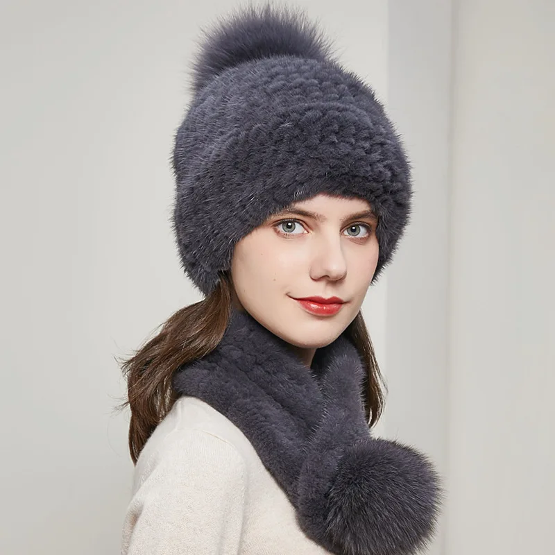 

Genuine Fur Hat Women's Mink Fur Knitted Winter Hat Mink Fur Scarf Set