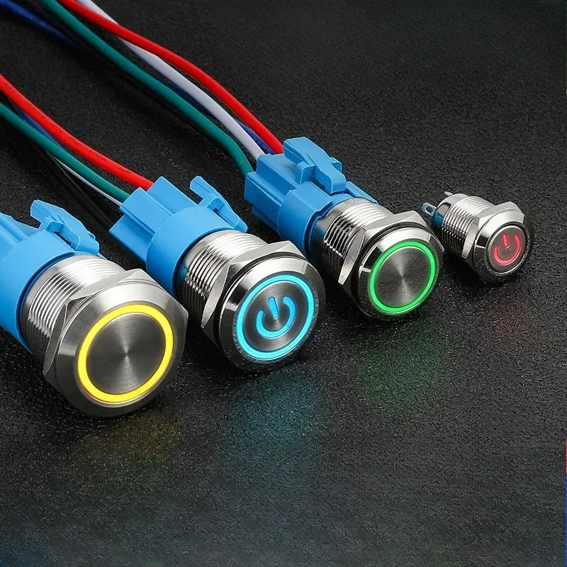 

12 мм, 16 мм, 19 мм, 22 мм, металлический кнопочный переключатель с плоской головкой 1NO1NC, светодиодный светильник Start Stop, красный, оранжевый, синий, зеленый, белый, 3 В, 12 В, 24 В, 110 В