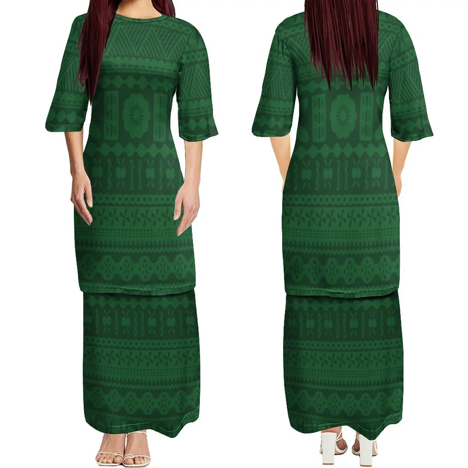 Round Neck Regular Sleeve Samoan Women\'s Double Suit Long Dress Print Custom Design Polynesian High Quality Dress Puletasi