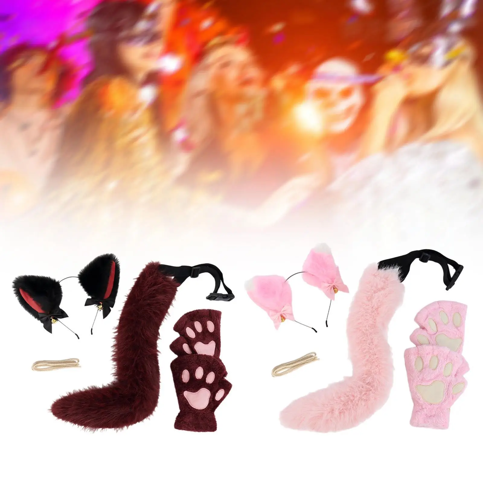 مجموعة آذان القطط والخفوف والذيل من القطيفة، إكسسوارات شعر لطيفة على شكل رباط شعر