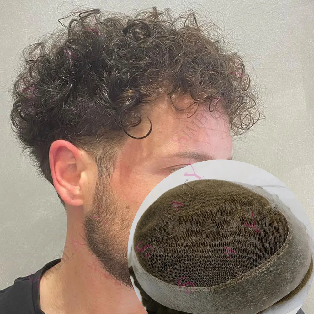 Tupé de encaje australiano rizado de 25mm para hombre, prótesis de cabello humano gris y marrón, línea de cabello Natural indetectable, piel fina duradera para calvo