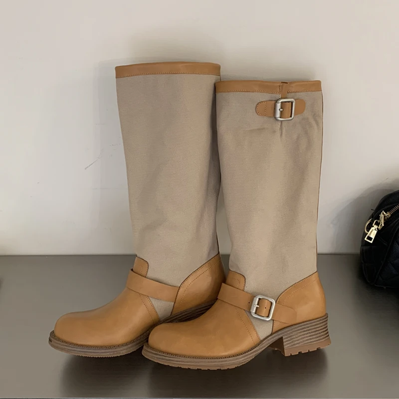 Eilyken Design Style Splicing Color Blocking Women Knee-High Boots Punk Style Belt Buckle Round Toe Square Low Heels Shoes