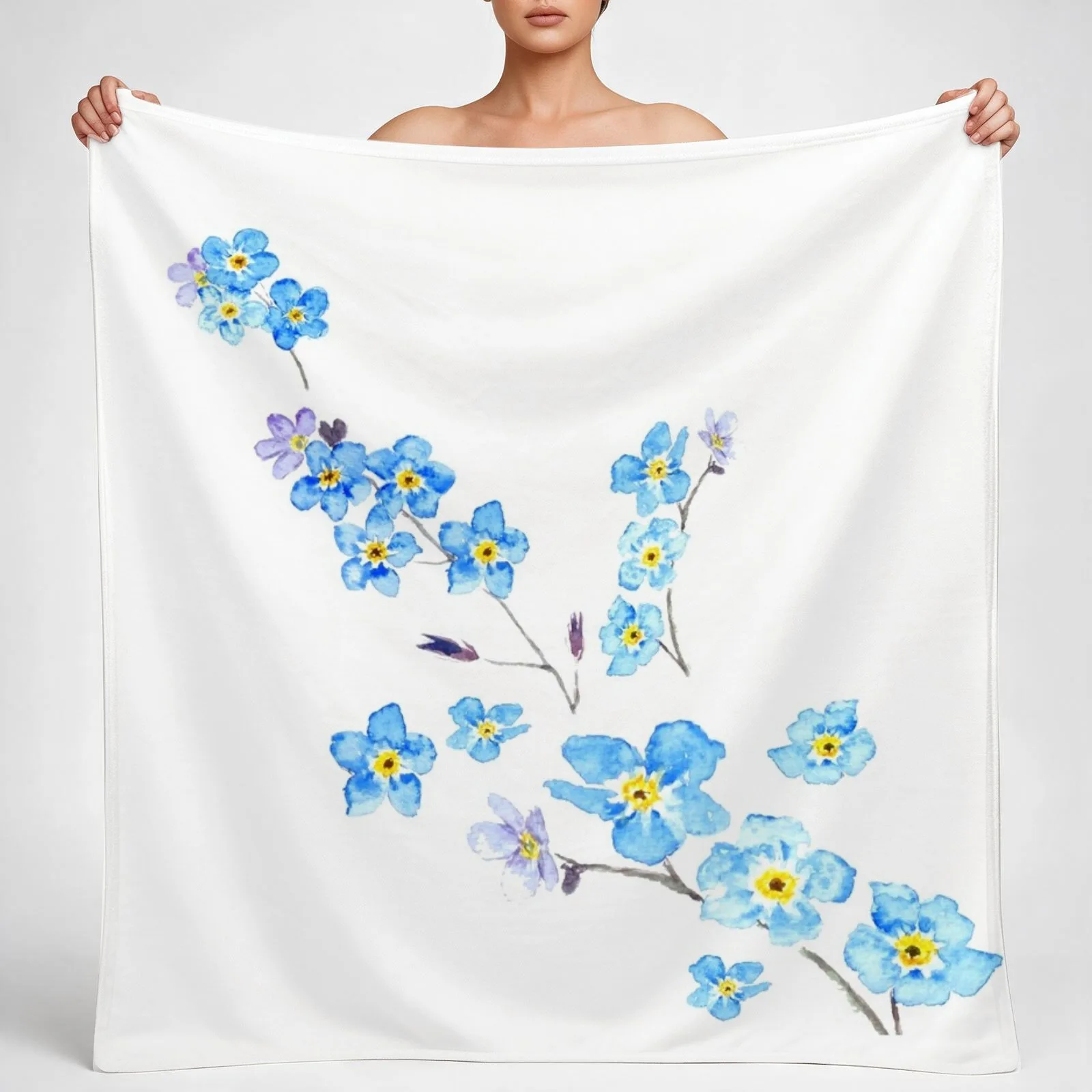 blue forget me not watercolor painting Throw Blanket couch cozy soft plush fuzzy picnic outdoor blanket